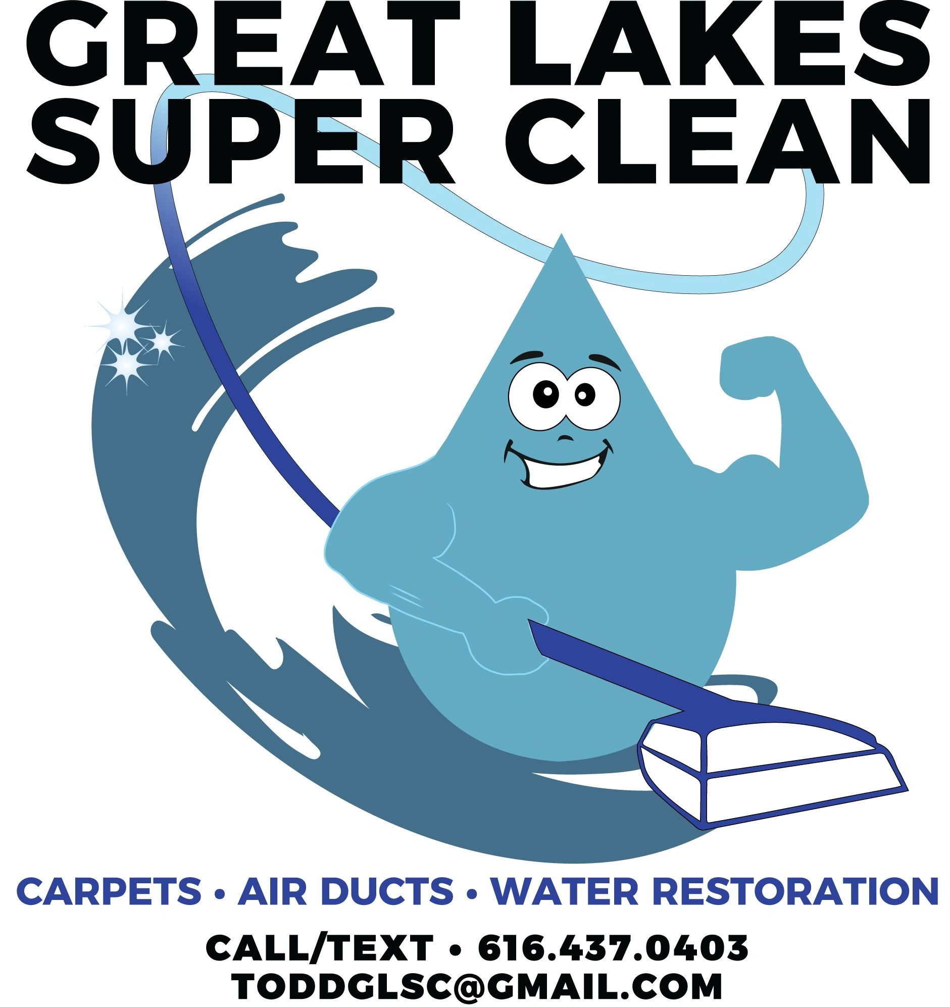 Great Lakes Super Clean logo — the Super Clean water drop mascot with carpet wand